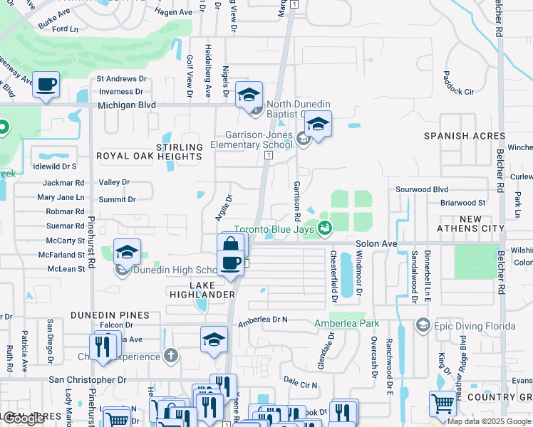 map of restaurants, bars, coffee shops, grocery stores, and more near 1612 Hamilton Ct in Dunedin