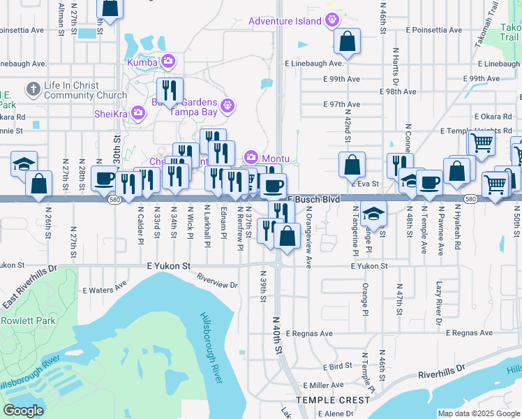 map of restaurants, bars, coffee shops, grocery stores, and more near 3708 East Hill Crest Circle in Tampa
