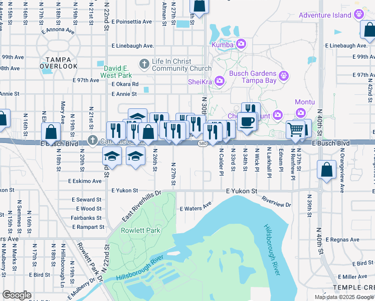 map of restaurants, bars, coffee shops, grocery stores, and more near 2807 East Busch Boulevard in Tampa