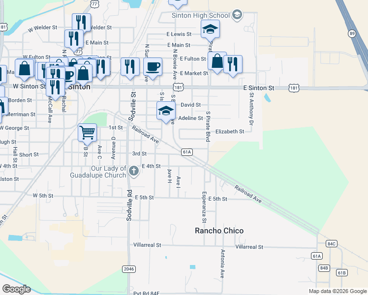 map of restaurants, bars, coffee shops, grocery stores, and more near 119 Lamplite Lane in Sinton