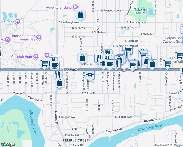 map of restaurants, bars, coffee shops, grocery stores, and more near 8732 North 46th Street in Tampa
