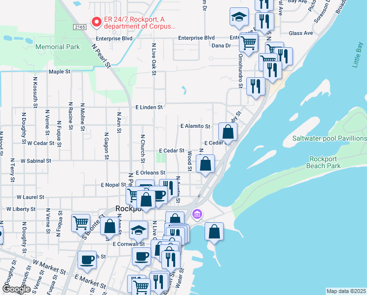 map of restaurants, bars, coffee shops, grocery stores, and more near 1118 East Cedar Street in Rockport