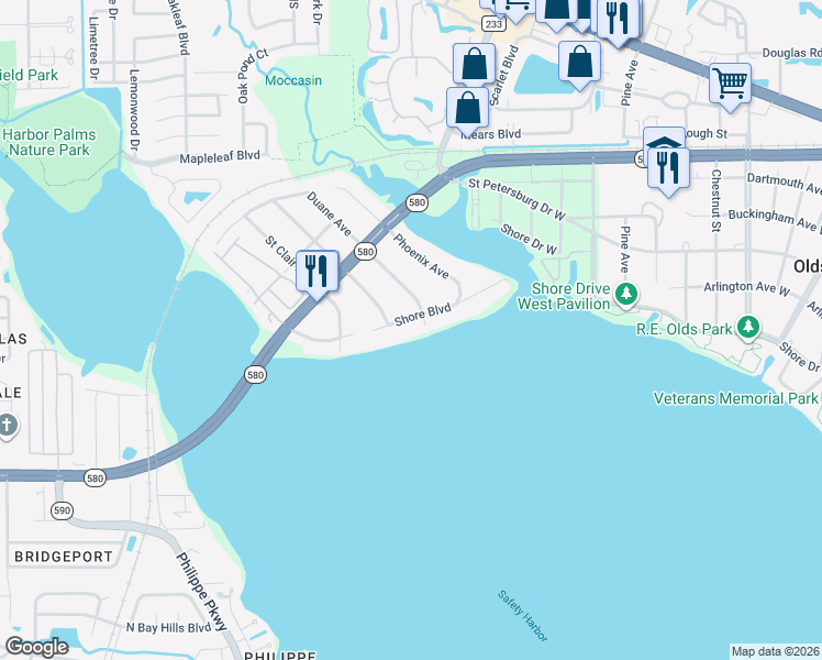 map of restaurants, bars, coffee shops, grocery stores, and more near 3765 Shore Boulevard in Oldsmar