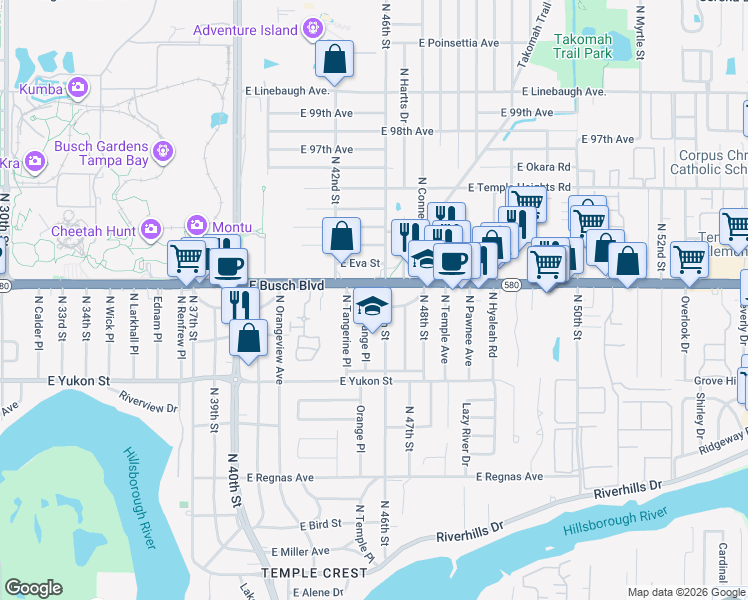 map of restaurants, bars, coffee shops, grocery stores, and more near 8732 North 46th Street in Tampa