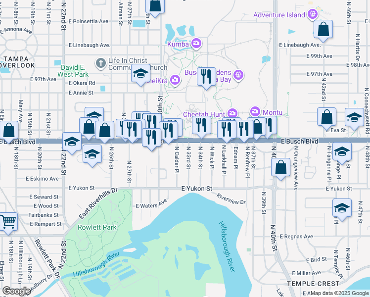 map of restaurants, bars, coffee shops, grocery stores, and more near 8741 North 33rd Street in Tampa