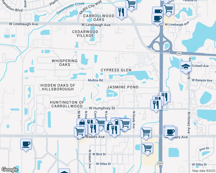 map of restaurants, bars, coffee shops, grocery stores, and more near 8754 Mallard Reserve Drive in Tampa