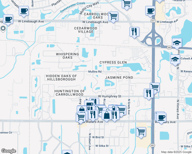 map of restaurants, bars, coffee shops, grocery stores, and more near 8713 Fancy Finch Drive in Tampa