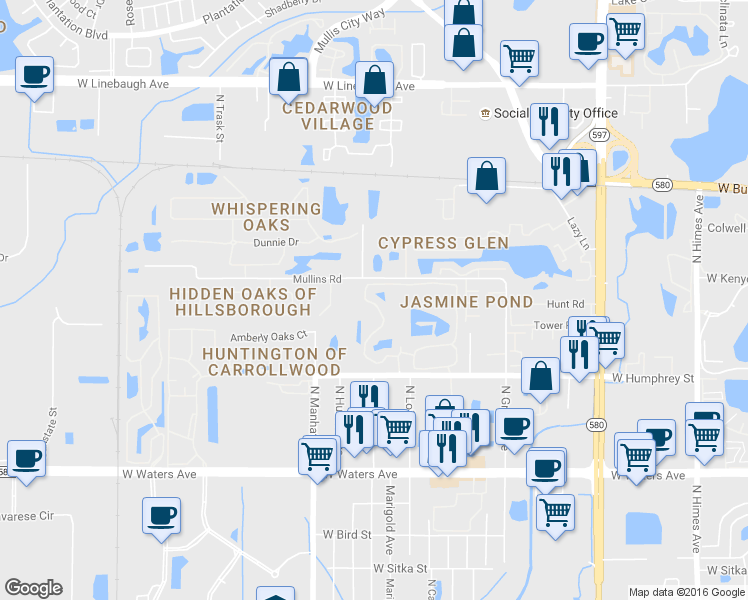 map of restaurants, bars, coffee shops, grocery stores, and more near 8713 Fancy Finch Drive in Tampa