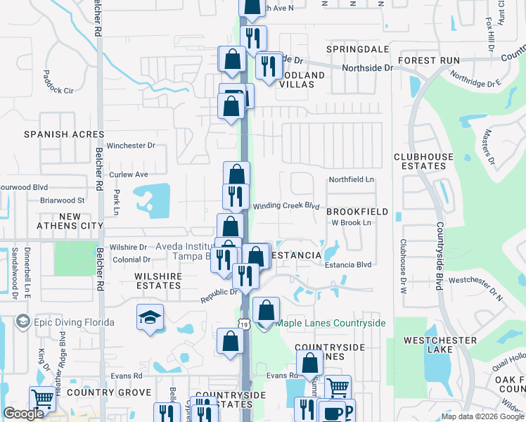 map of restaurants, bars, coffee shops, grocery stores, and more near 2400 Winding Creek Court in Clearwater