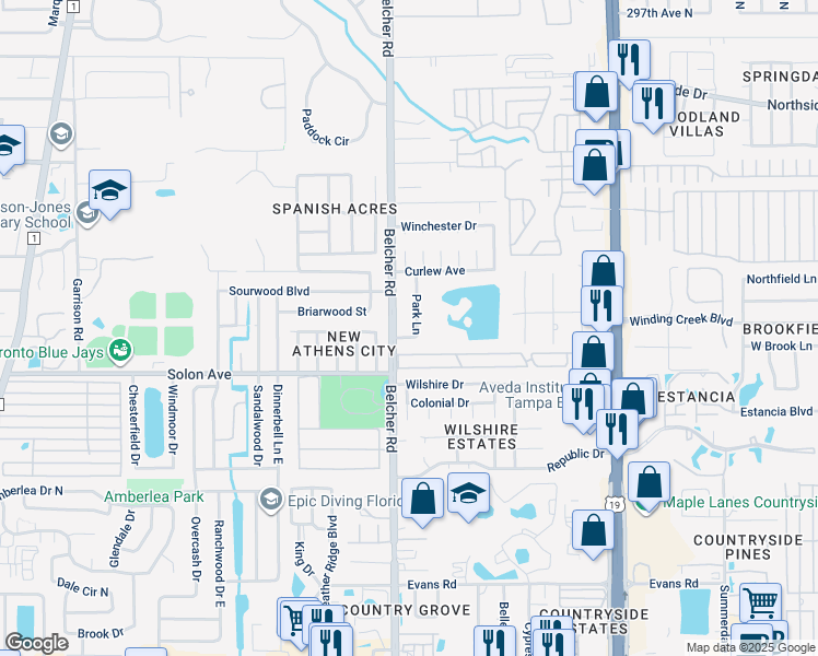 map of restaurants, bars, coffee shops, grocery stores, and more near 3041 Park Lane in Dunedin