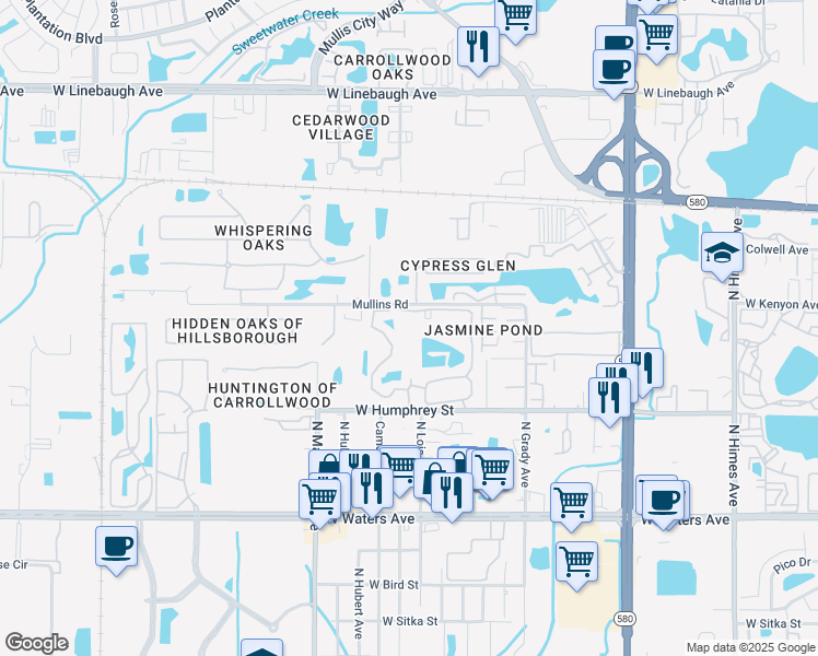 map of restaurants, bars, coffee shops, grocery stores, and more near 8754 Mallard Reserve Drive in Tampa