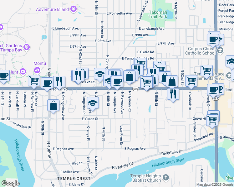 map of restaurants, bars, coffee shops, grocery stores, and more near 8775 North Temple Avenue in Tampa