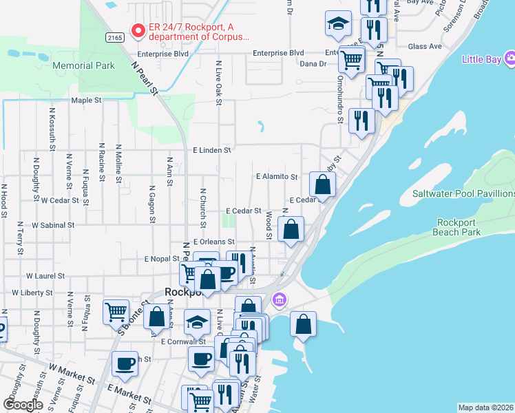 map of restaurants, bars, coffee shops, grocery stores, and more near 1118 East Cedar Street in Rockport