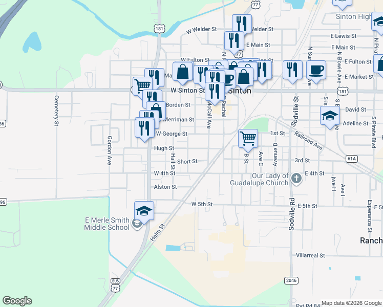 map of restaurants, bars, coffee shops, grocery stores, and more near 505 Rowlett Avenue in Sinton