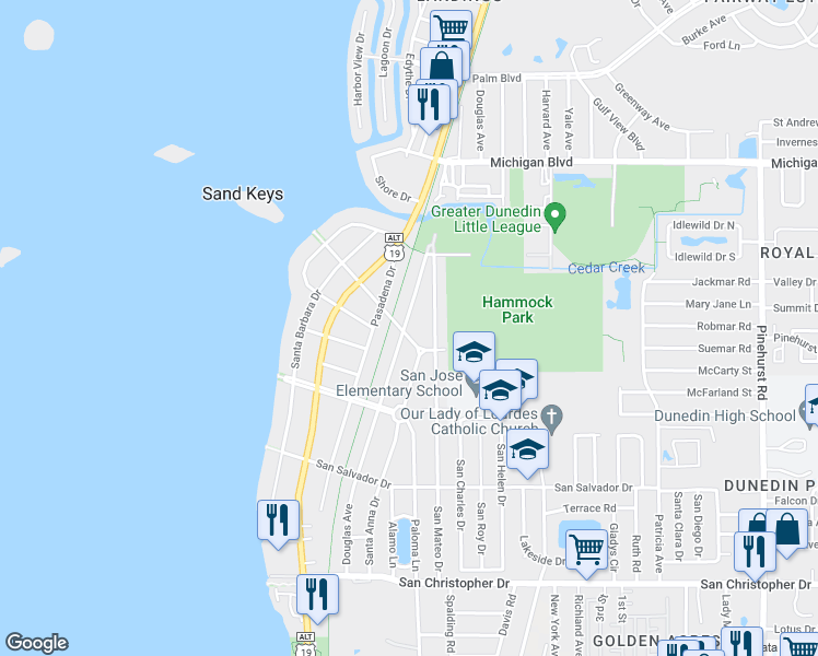 map of restaurants, bars, coffee shops, grocery stores, and more near 400 Mira Vista Drive in Dunedin