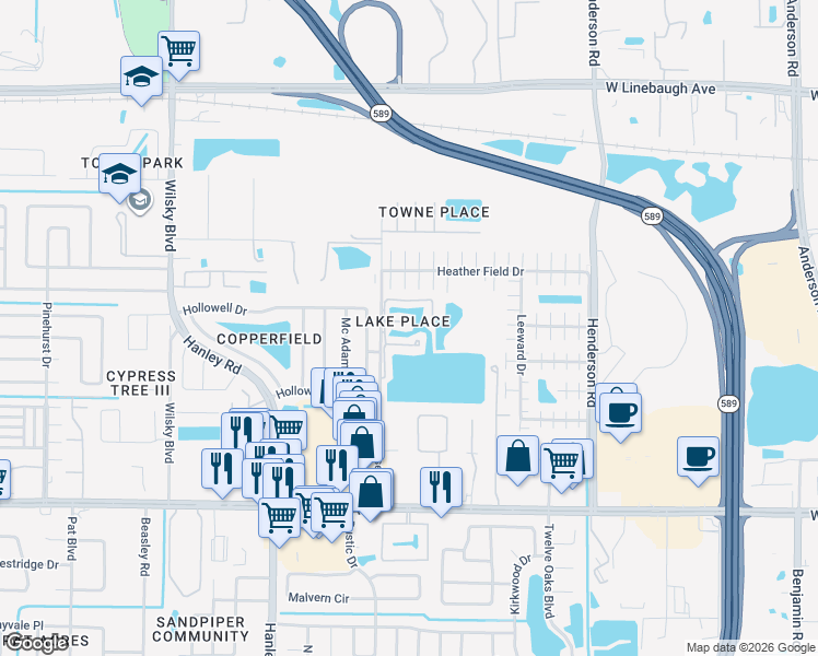 map of restaurants, bars, coffee shops, grocery stores, and more near 6908 Lakeview Court in Tampa
