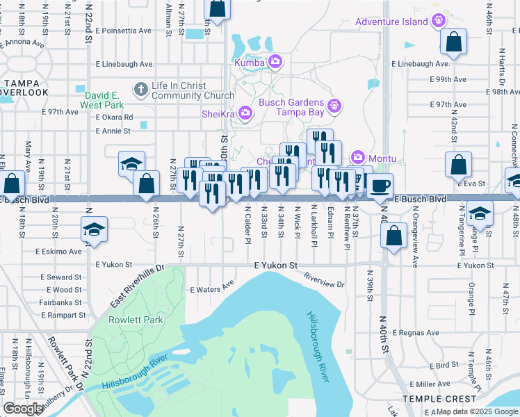 map of restaurants, bars, coffee shops, grocery stores, and more near 8741 North 33rd Street in Tampa