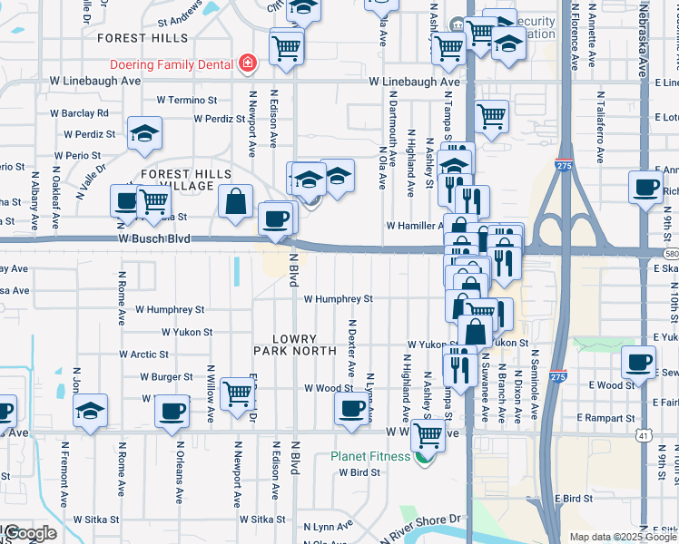 map of restaurants, bars, coffee shops, grocery stores, and more near 8917 North Otis Avenue in Tampa