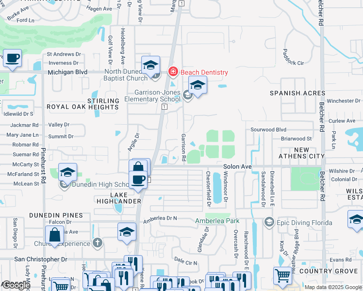 map of restaurants, bars, coffee shops, grocery stores, and more near 1700 Fry Court in Dunedin