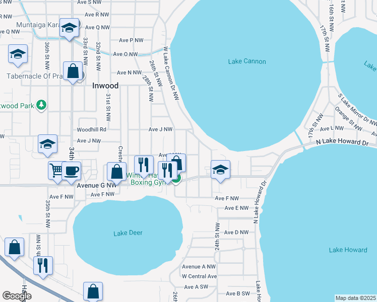 map of restaurants, bars, coffee shops, grocery stores, and more near 901 24th Street Northwest in Winter Haven