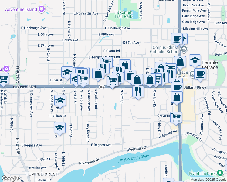 map of restaurants, bars, coffee shops, grocery stores, and more near 4941 East Busch Boulevard in Tampa