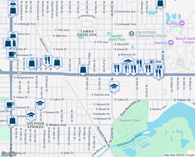 map of restaurants, bars, coffee shops, grocery stores, and more near 1824 East Skagway Avenue in Tampa