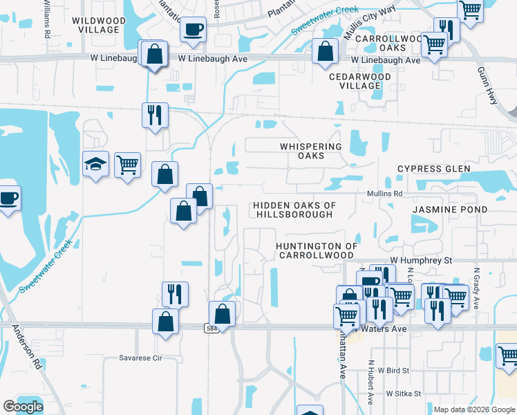 map of restaurants, bars, coffee shops, grocery stores, and more near 4604 Hidden Shadow Drive in Tampa