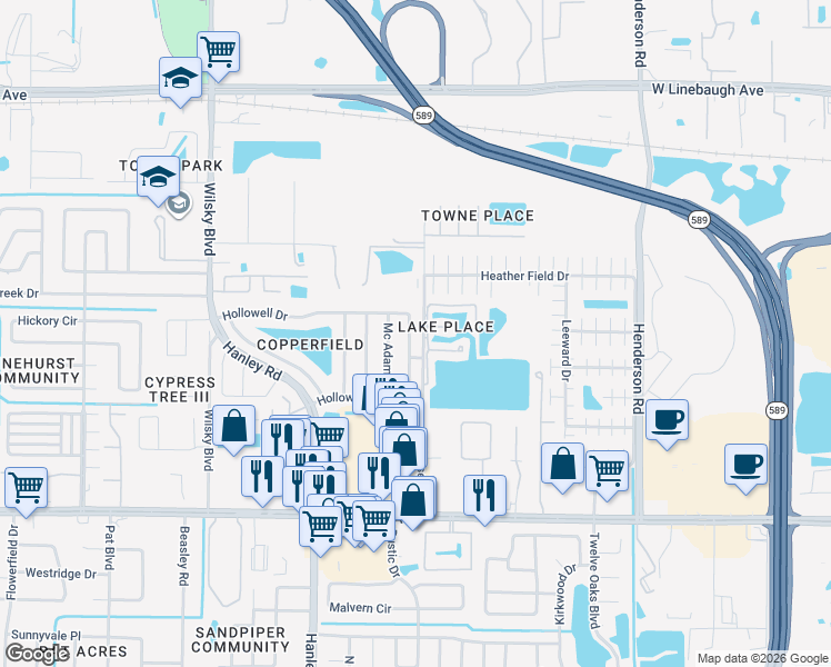 map of restaurants, bars, coffee shops, grocery stores, and more near 7109 Hollowell Drive in Tampa