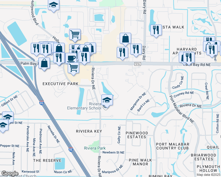 map of restaurants, bars, coffee shops, grocery stores, and more near 101 Malibu Circle Northeast in Palm Bay