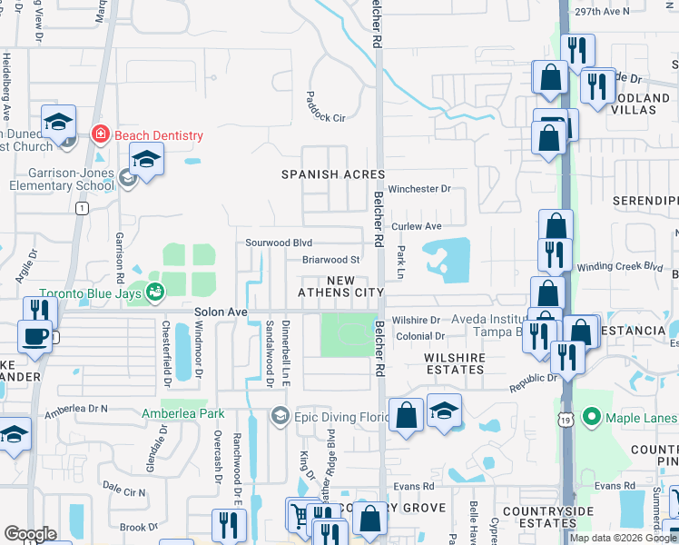 map of restaurants, bars, coffee shops, grocery stores, and more near 256 Platon Avenue in Dunedin