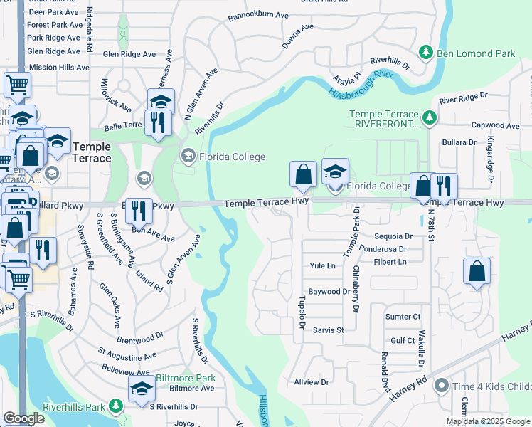 map of restaurants, bars, coffee shops, grocery stores, and more near 6900 Aruba Avenue in Temple Terrace
