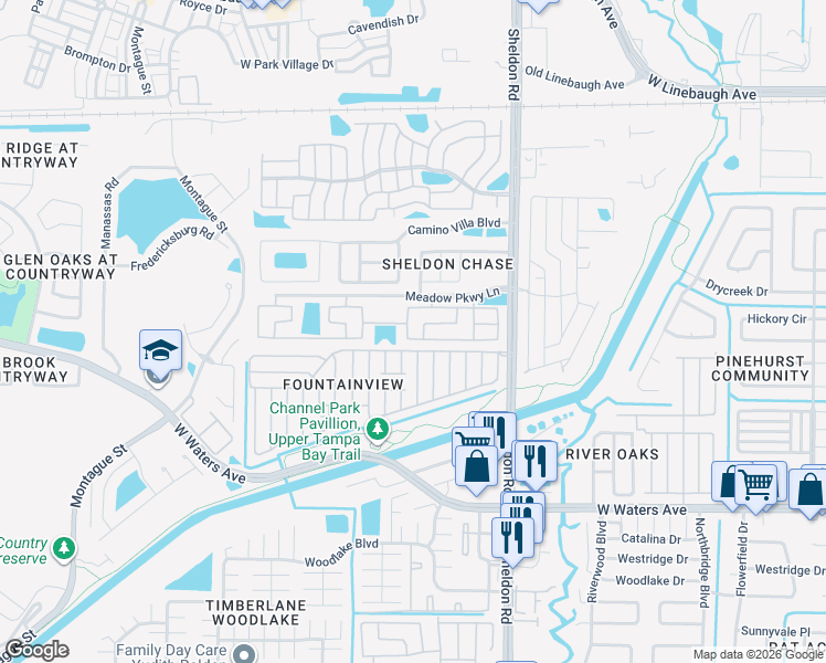 map of restaurants, bars, coffee shops, grocery stores, and more near 8724 Waterway Drive in Tampa