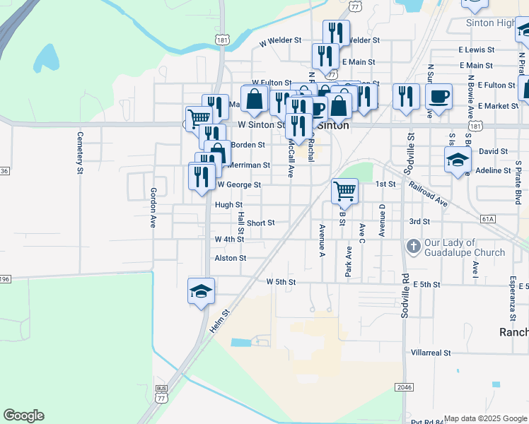 map of restaurants, bars, coffee shops, grocery stores, and more near 505 Rowlett Avenue in Sinton