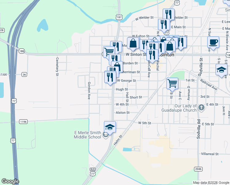 map of restaurants, bars, coffee shops, grocery stores, and more near 509 South San Patricio Street in Sinton