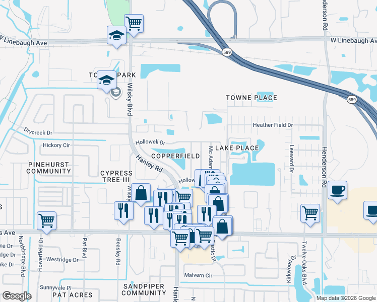 map of restaurants, bars, coffee shops, grocery stores, and more near 8726 Lindenhurst Place in Tampa