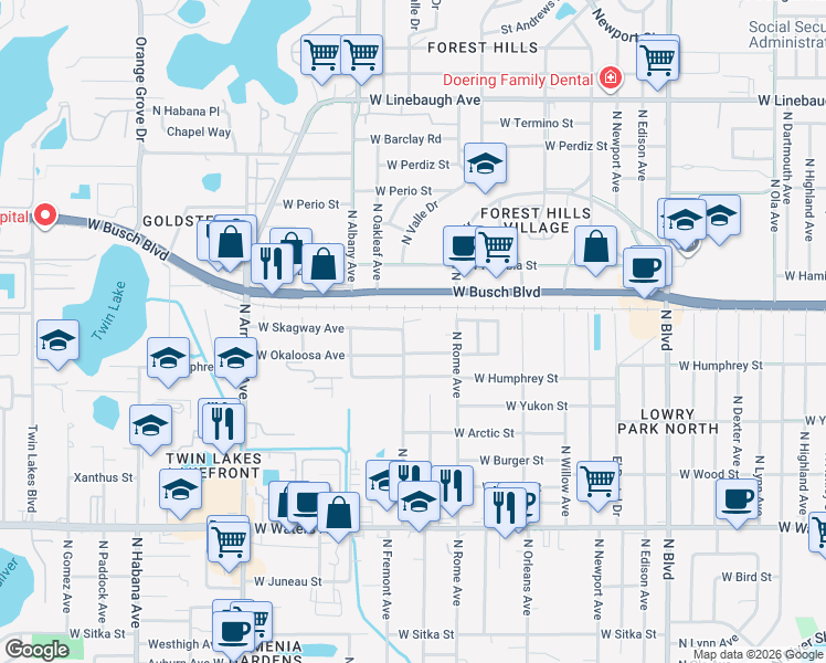 map of restaurants, bars, coffee shops, grocery stores, and more near 8919 North Jones Avenue in Tampa