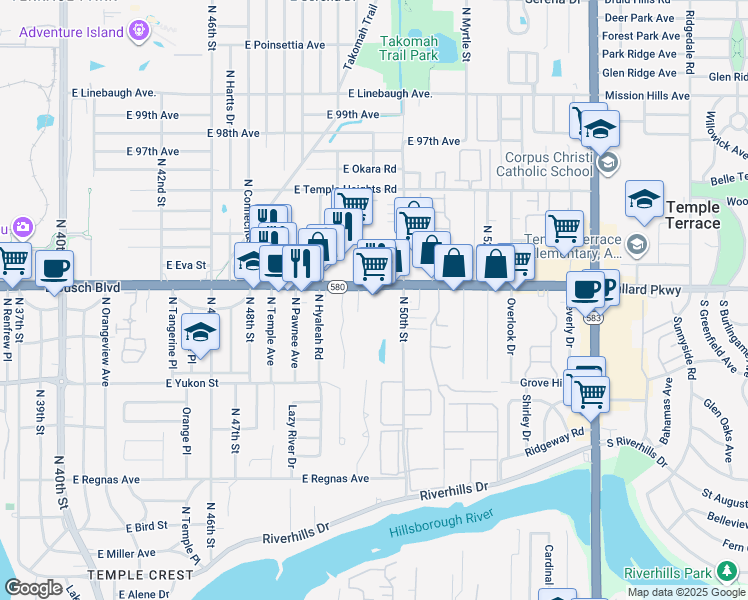 map of restaurants, bars, coffee shops, grocery stores, and more near 4941 East Busch Boulevard in Tampa