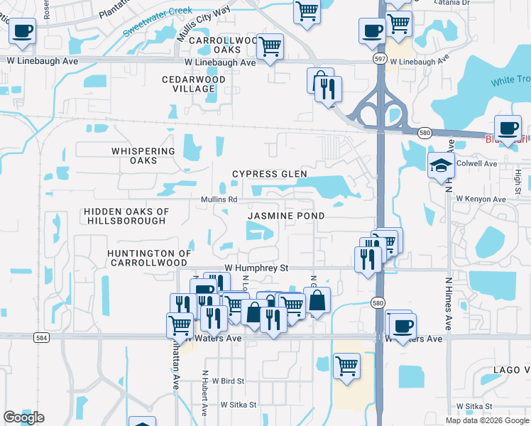map of restaurants, bars, coffee shops, grocery stores, and more near 8724 Mallard Reserve Drive in Tampa