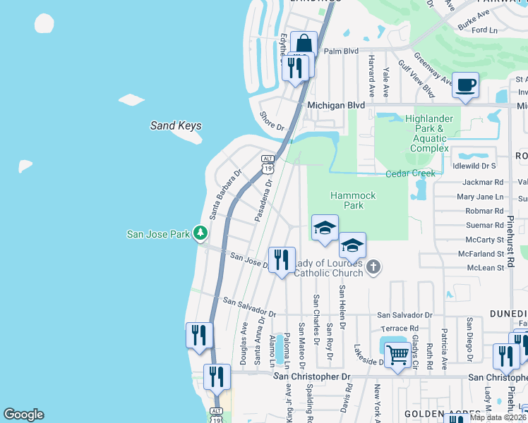 map of restaurants, bars, coffee shops, grocery stores, and more near 1787 Pasadena Drive in Dunedin