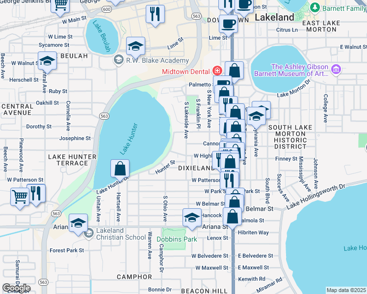 map of restaurants, bars, coffee shops, grocery stores, and more near 933 South Lakeside Avenue in Lakeland