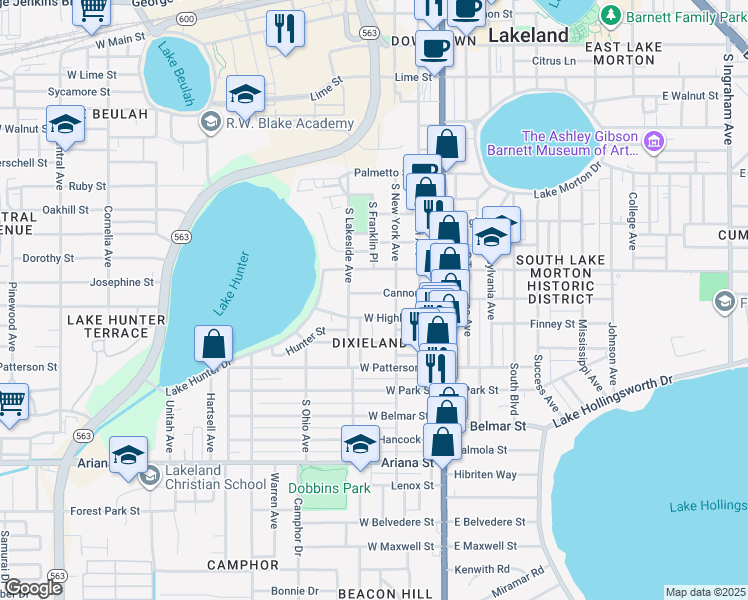 map of restaurants, bars, coffee shops, grocery stores, and more near 320 Cannon Street in Lakeland