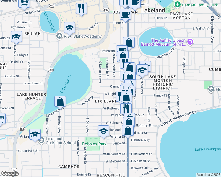 map of restaurants, bars, coffee shops, grocery stores, and more near 320 Cannon Street in Lakeland