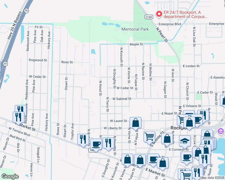 map of restaurants, bars, coffee shops, grocery stores, and more near 920 North Doughty Street in Rockport