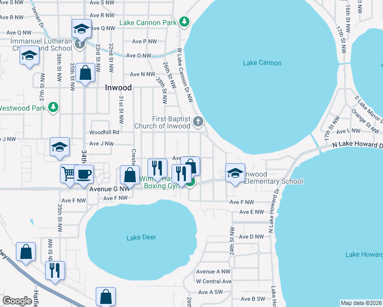map of restaurants, bars, coffee shops, grocery stores, and more near 930 26th Street Northwest in Winter Haven
