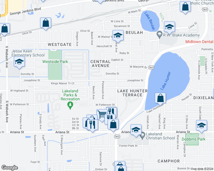 map of restaurants, bars, coffee shops, grocery stores, and more near 1241 West Highland Street in Lakeland