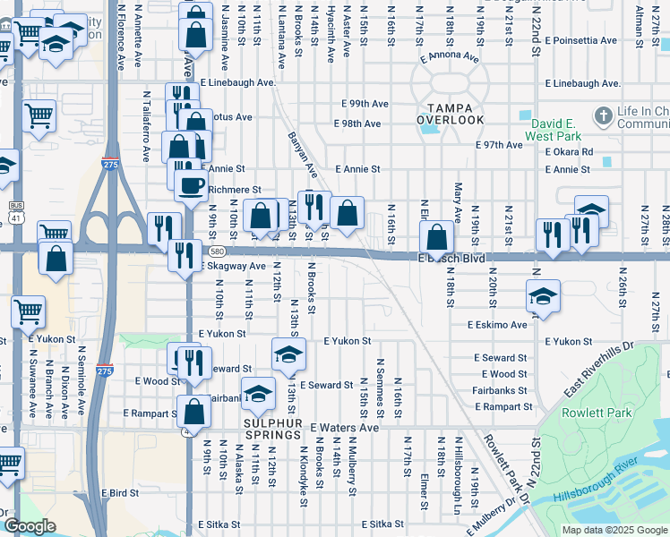 map of restaurants, bars, coffee shops, grocery stores, and more near 8815 North 14th Street in Tampa