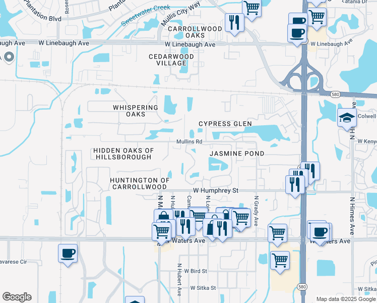 map of restaurants, bars, coffee shops, grocery stores, and more near 8713 Fancy Finch Drive in Tampa