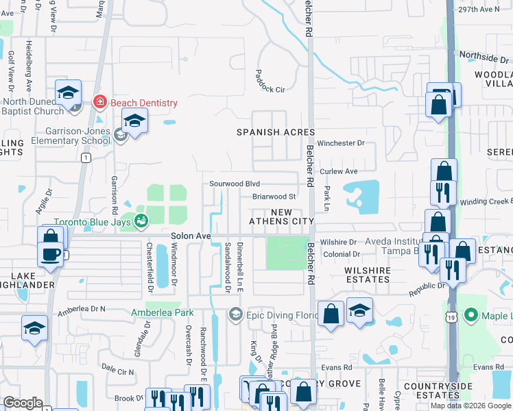 map of restaurants, bars, coffee shops, grocery stores, and more near 264 Platon Avenue in Dunedin