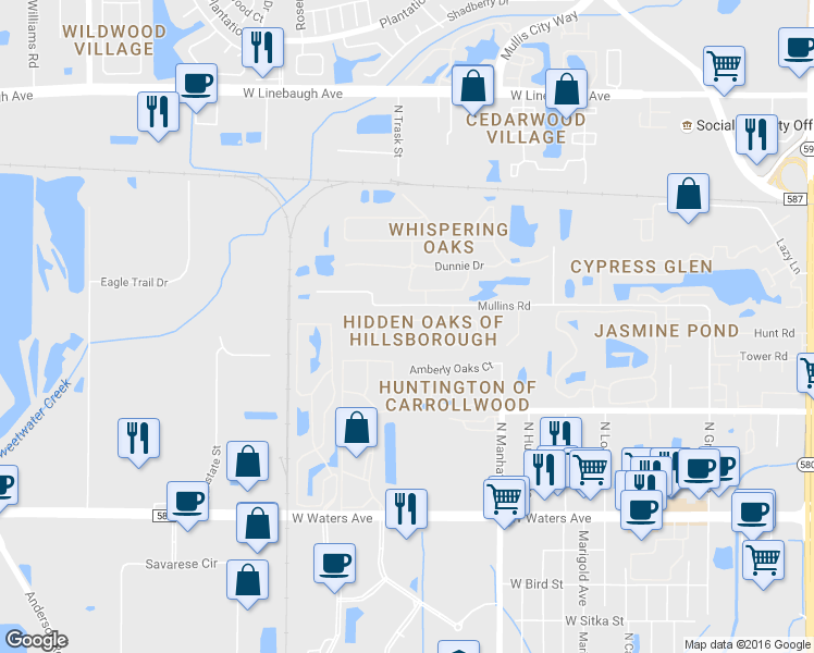 map of restaurants, bars, coffee shops, grocery stores, and more near 4516 Hidden Shadow Drive in Tampa