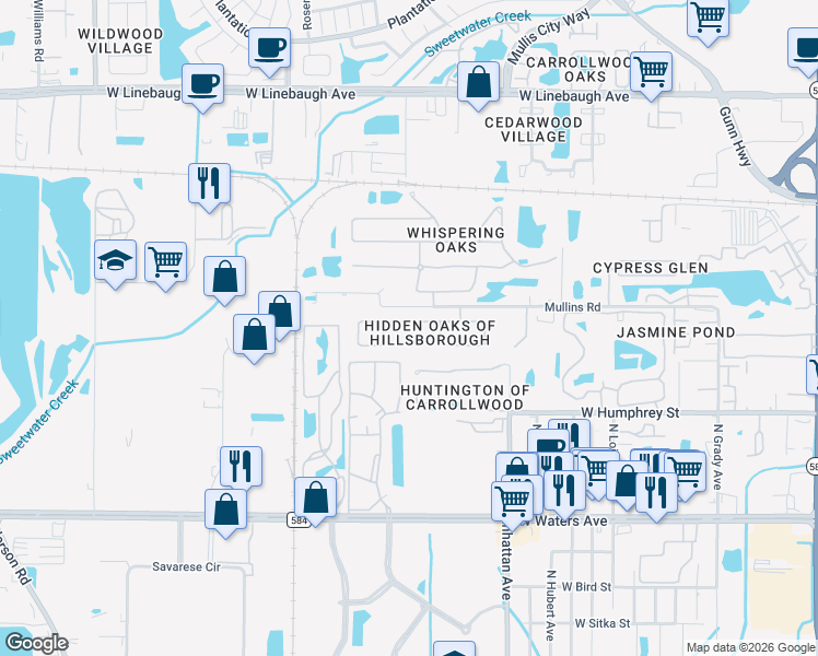 map of restaurants, bars, coffee shops, grocery stores, and more near 4518 Hidden Shadow Drive in Tampa